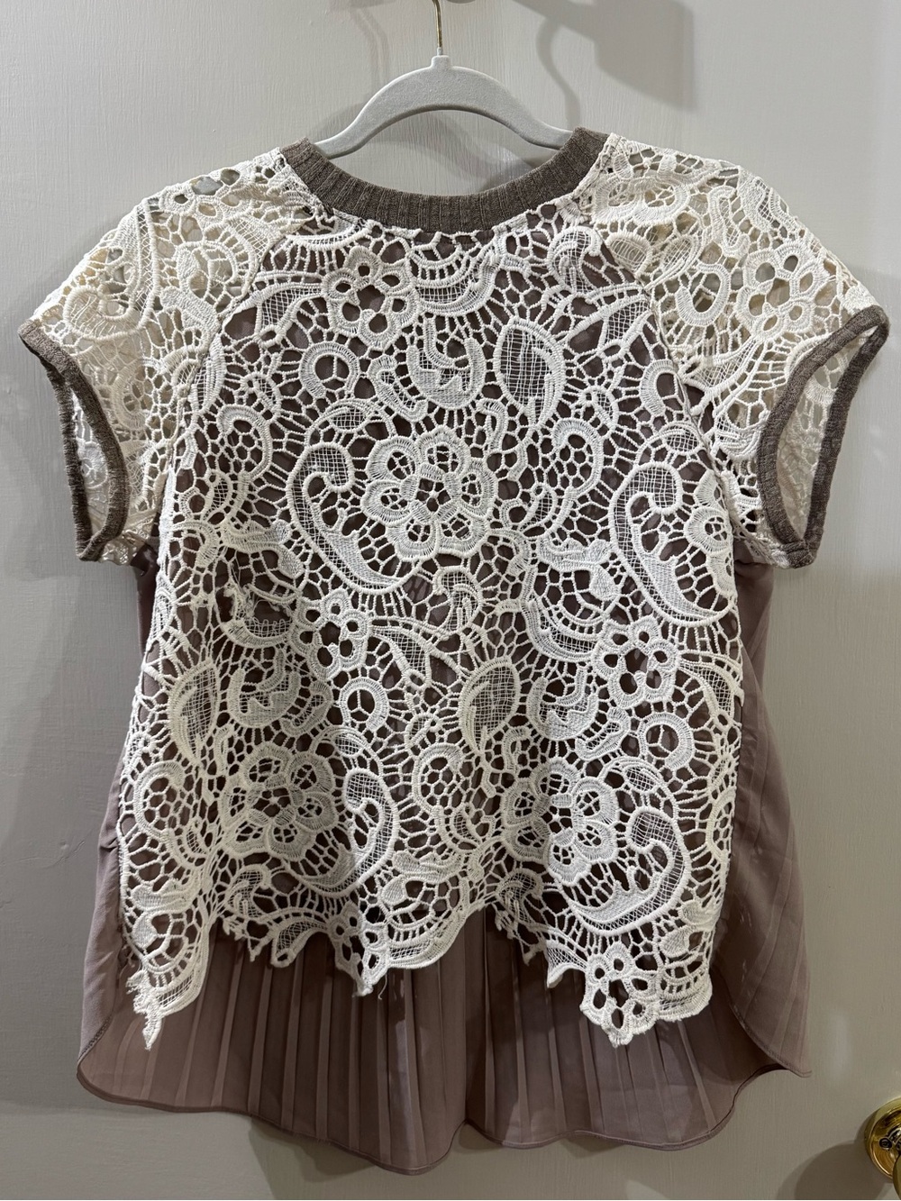Miss Me Taupe Blouse with Lace Overlay